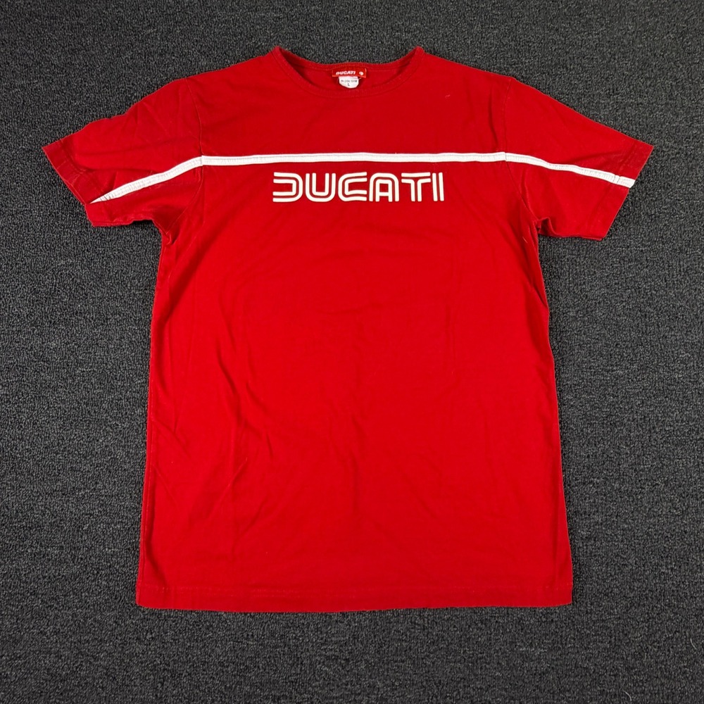 Ducati T-Shirt Mens L Graphic Logo Red White Stripe Short Sleeve EUC